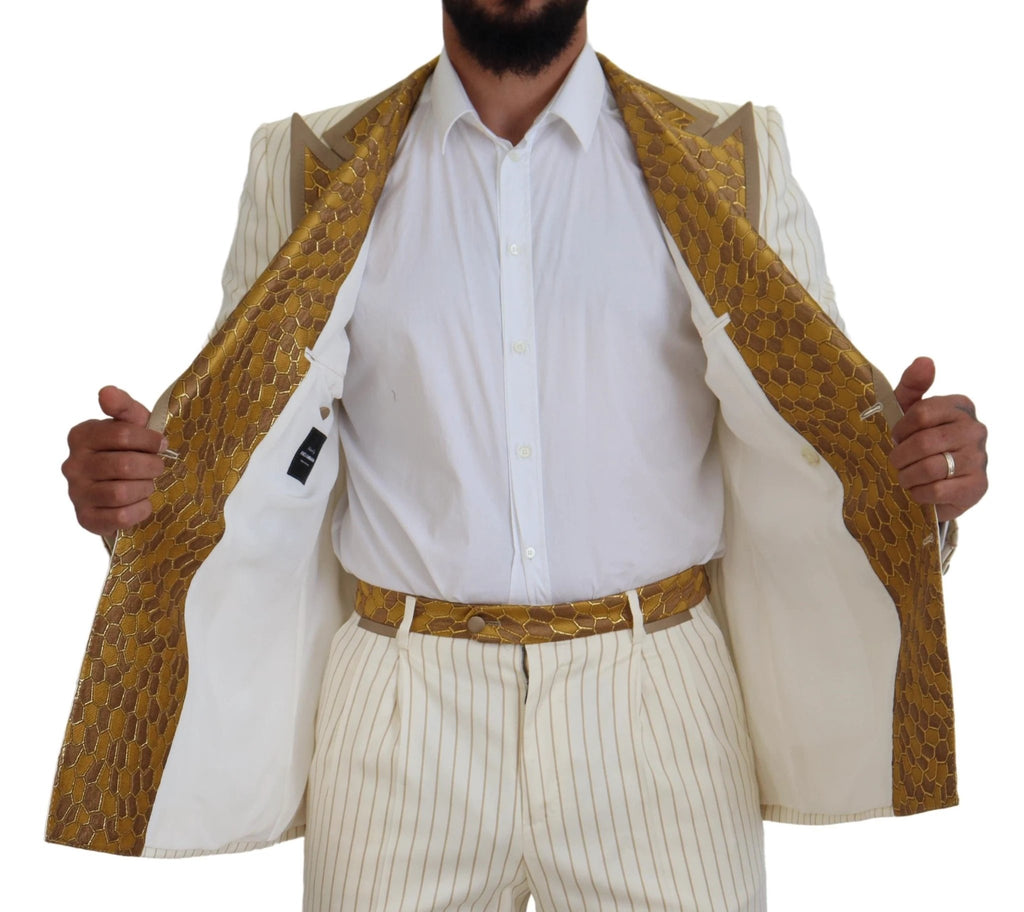 Dolce & Gabbana Off White Gold Striped Tuxedo Slim Fit Suit by Dolce & Gabbana