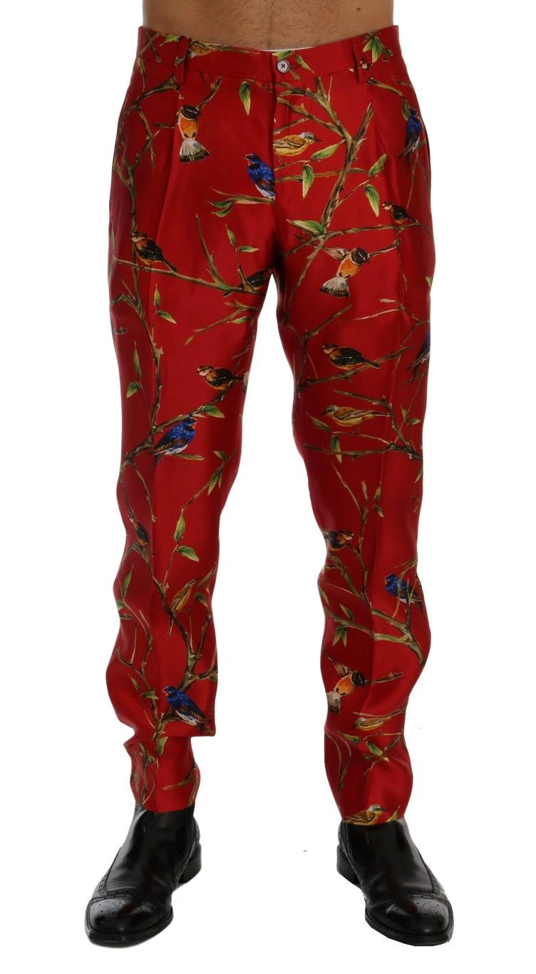 Dolce & Gabbana Red Silk Bird Print Dress Pants by Dolce & Gabbana