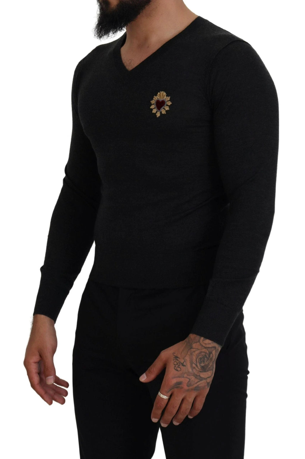 Dolce & Gabbana Gray Cashmere V-neck Gold Heart Sweater by Dolce & Gabbana