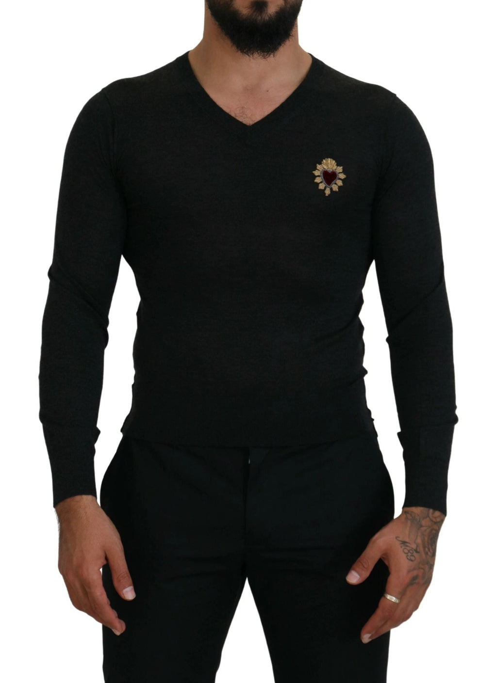 Dolce & Gabbana Gray Cashmere V-neck Gold Heart Sweater by Dolce & Gabbana