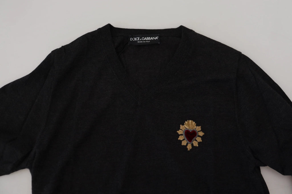 Dolce & Gabbana Gray Cashmere V-neck Gold Heart Sweater by Dolce & Gabbana