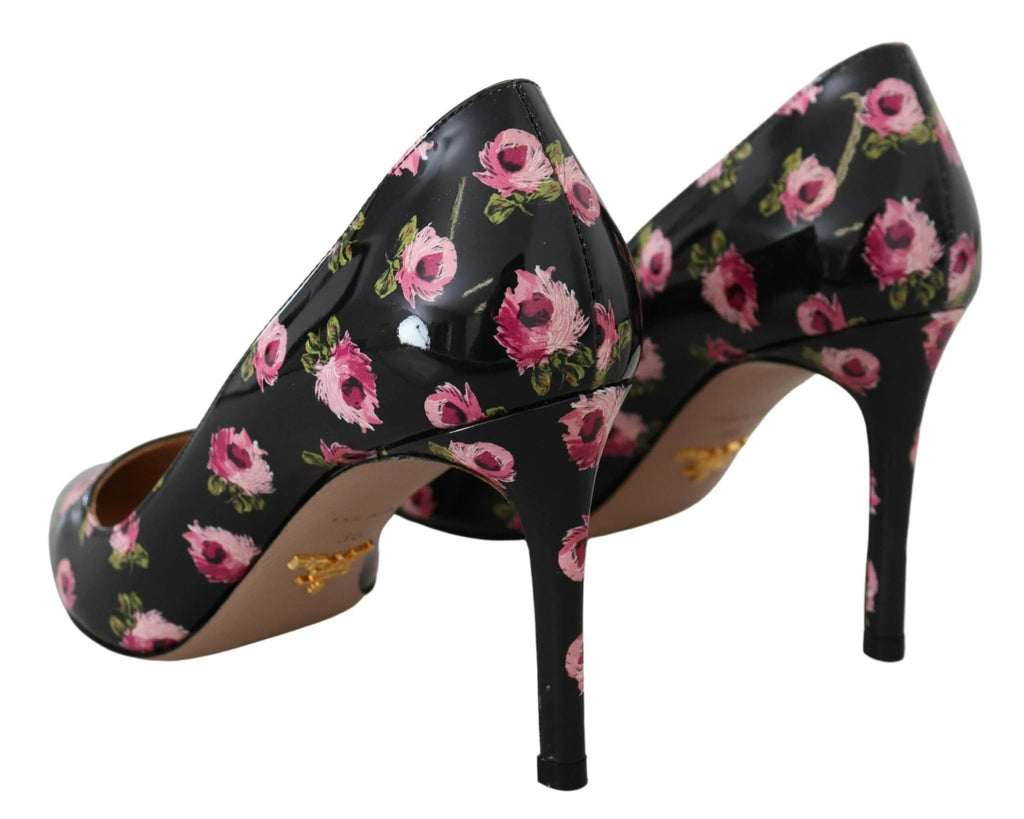 Prada Black Leather Floral Heels Stilettos Pumps by Prada