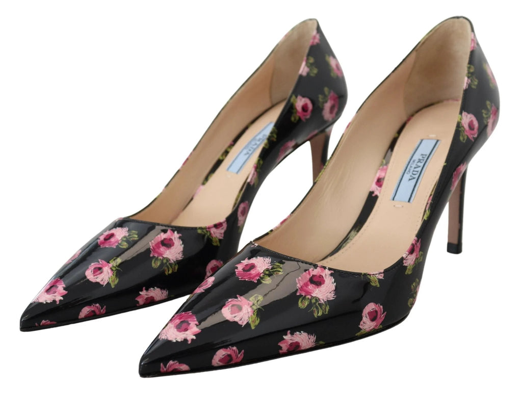 Prada Black Leather Floral Heels Stilettos Pumps by Prada