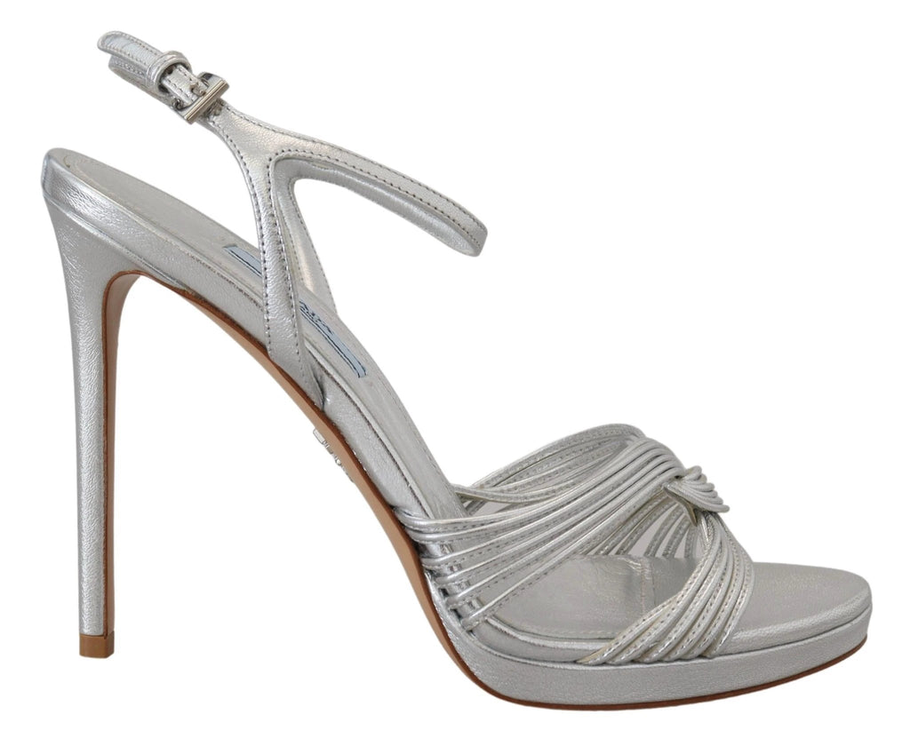 Prada Silver Leather Sandals Ankle Strap Heels Stiletto by Prada