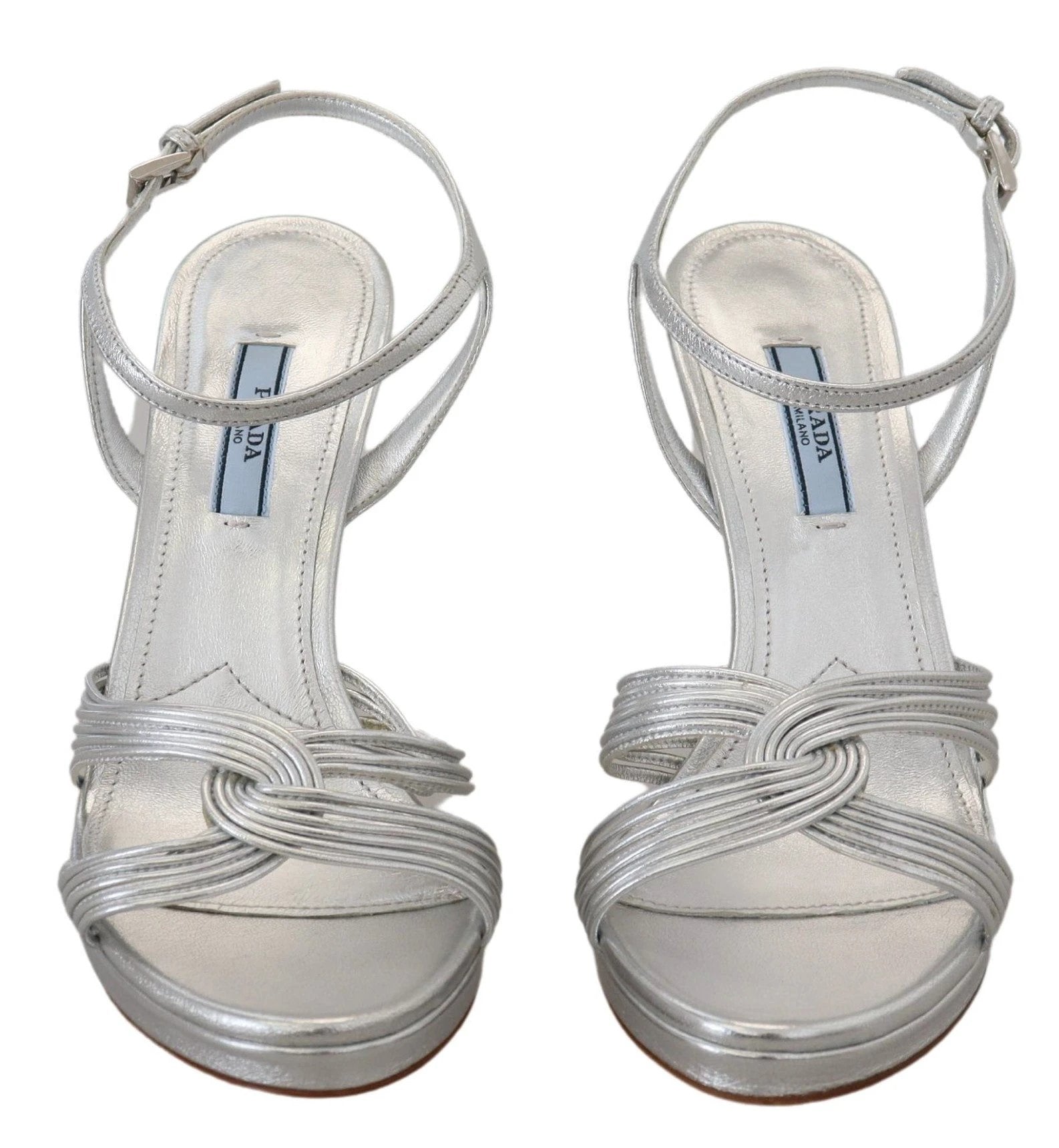 Prada Silver Leather Sandals Ankle Strap Heels Stiletto by Prada