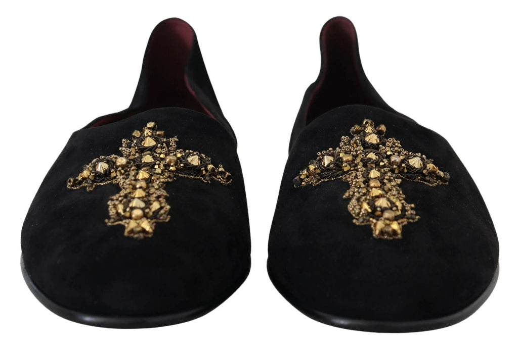 Dolce & Gabbana Black Suede Gold Cross Slip On Loafers Shoes by Dolce & Gabbana