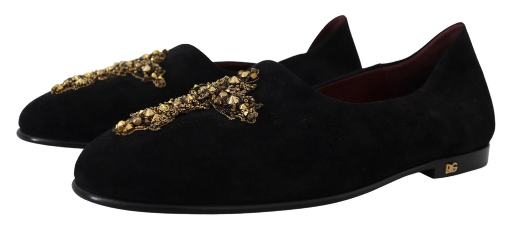 Dolce & Gabbana Black Suede Gold Cross Slip On Loafers Shoes by Dolce & Gabbana