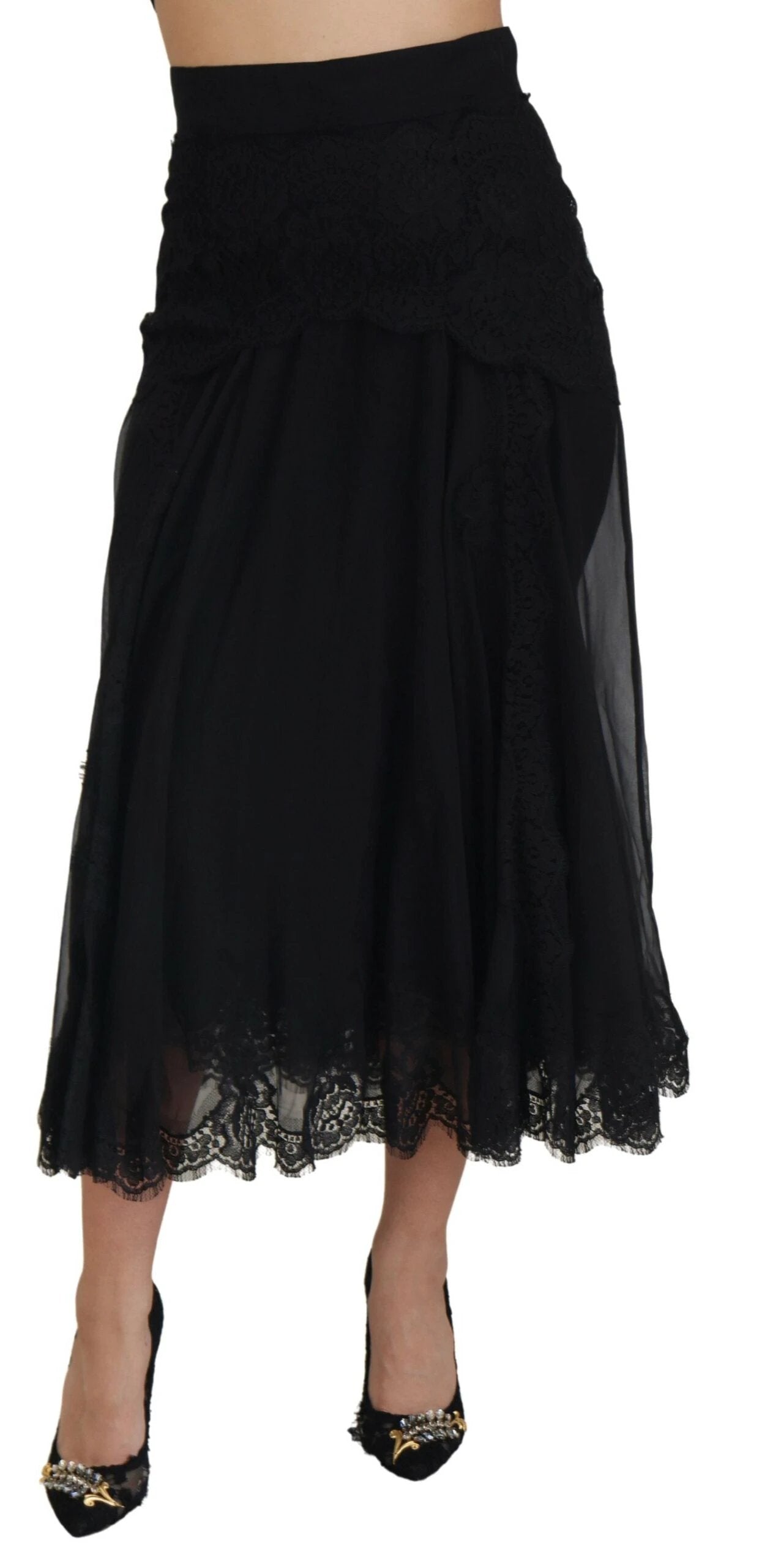 Dolce & Gabbana Black Silk Lace Trim High Waist Midi Skirt by Dolce & Gabbana
