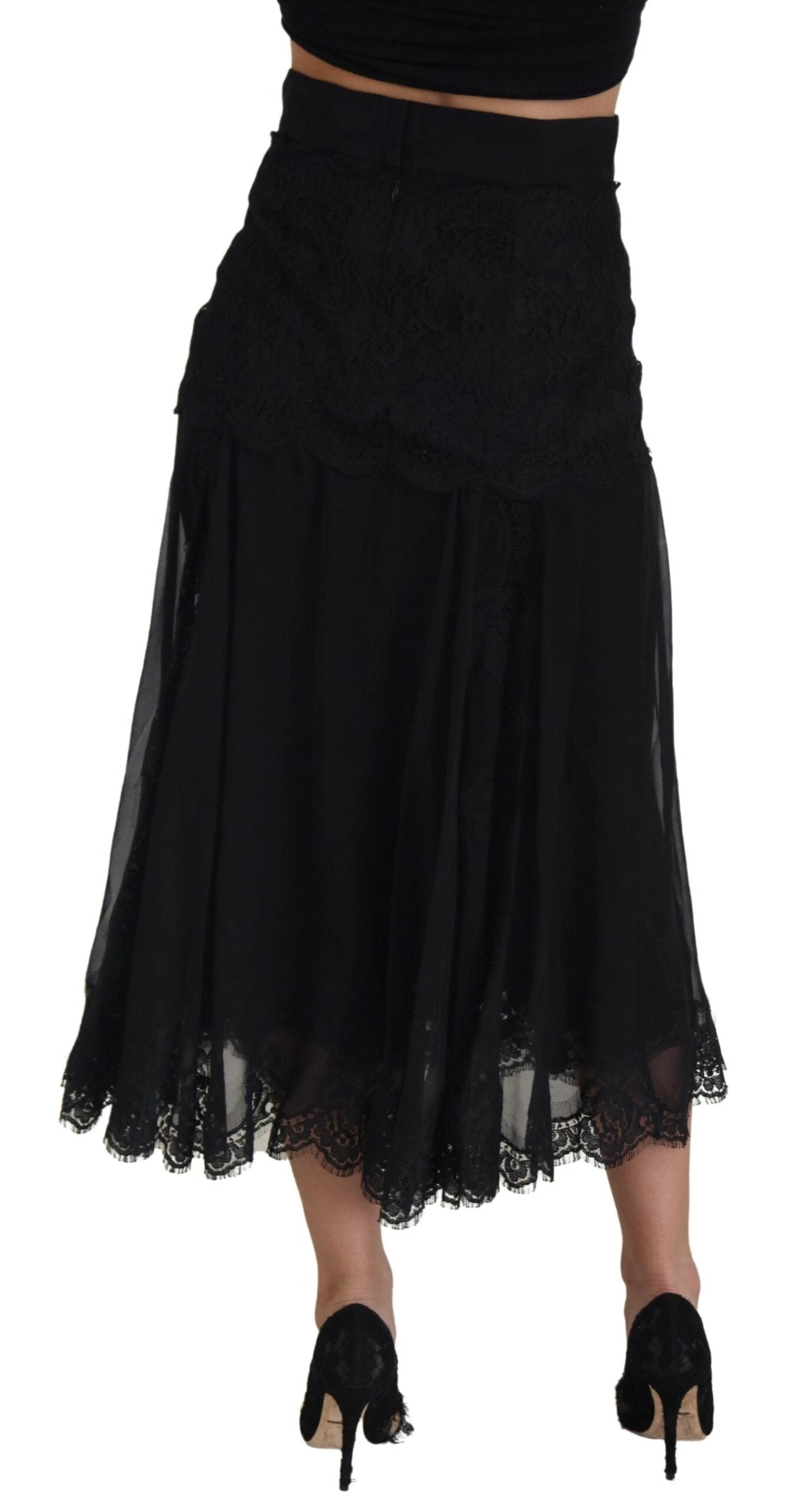 Dolce & Gabbana Black Silk Lace Trim High Waist Midi Skirt by Dolce & Gabbana