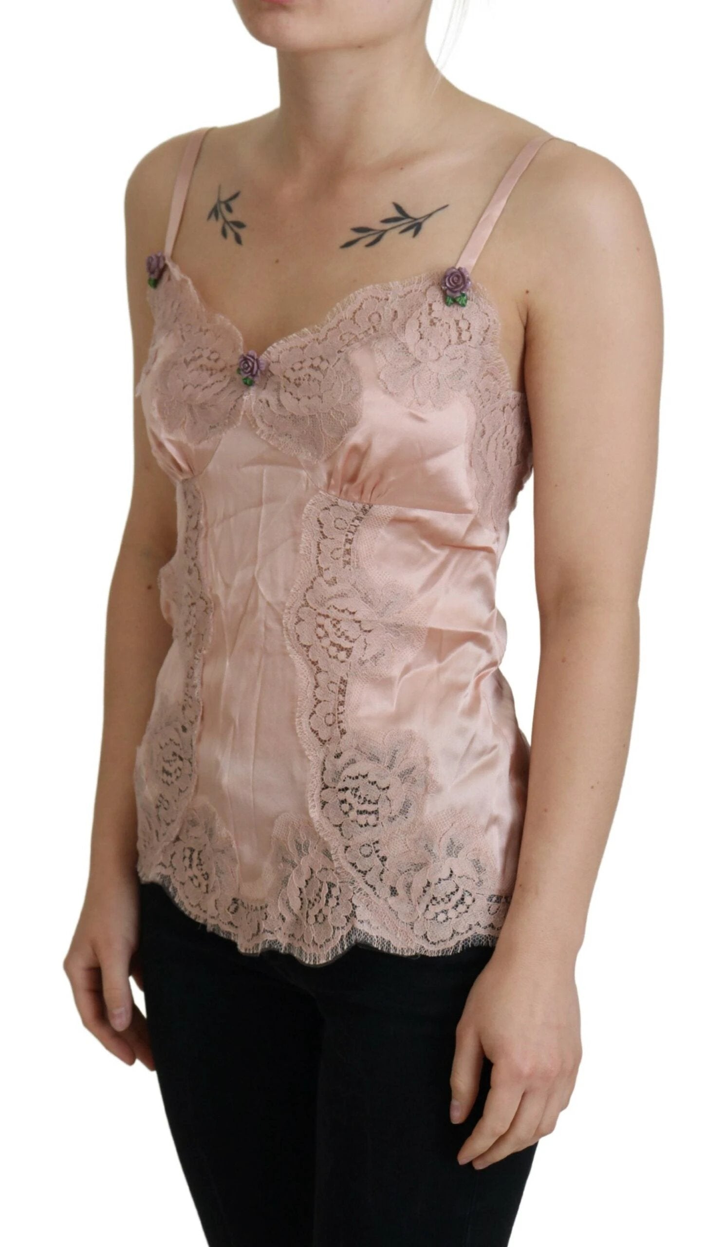 Dolce & Gabbana Pink Satin Lace Roses Tank Top Lingerie by Dolce & Gabbana
