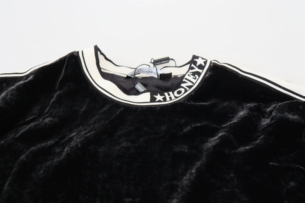 Dolce & Gabbana Black Velvet Crewneck Pullover Sweater by Dolce & Gabbana