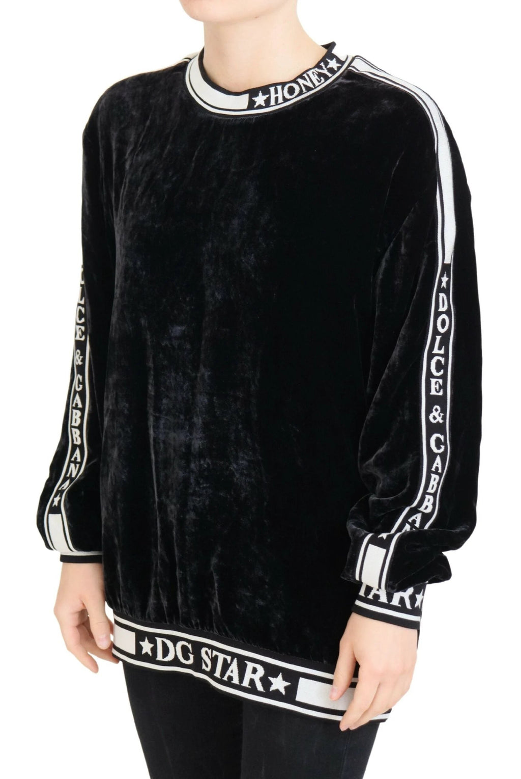 Dolce & Gabbana Black Velvet Crewneck Pullover Sweater by Dolce & Gabbana