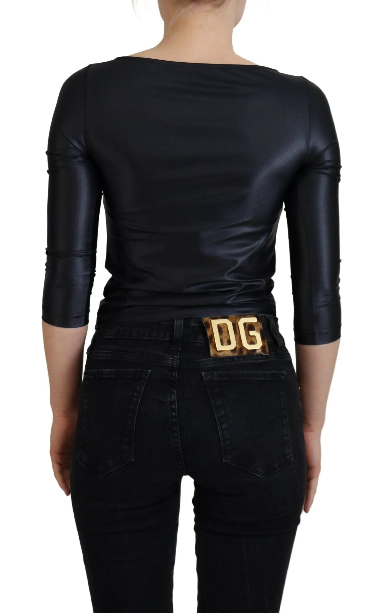 Dolce & Gabbana Black Cotton Stretch Open Chest 3/4 Sleeve Top by Dolce & Gabbana