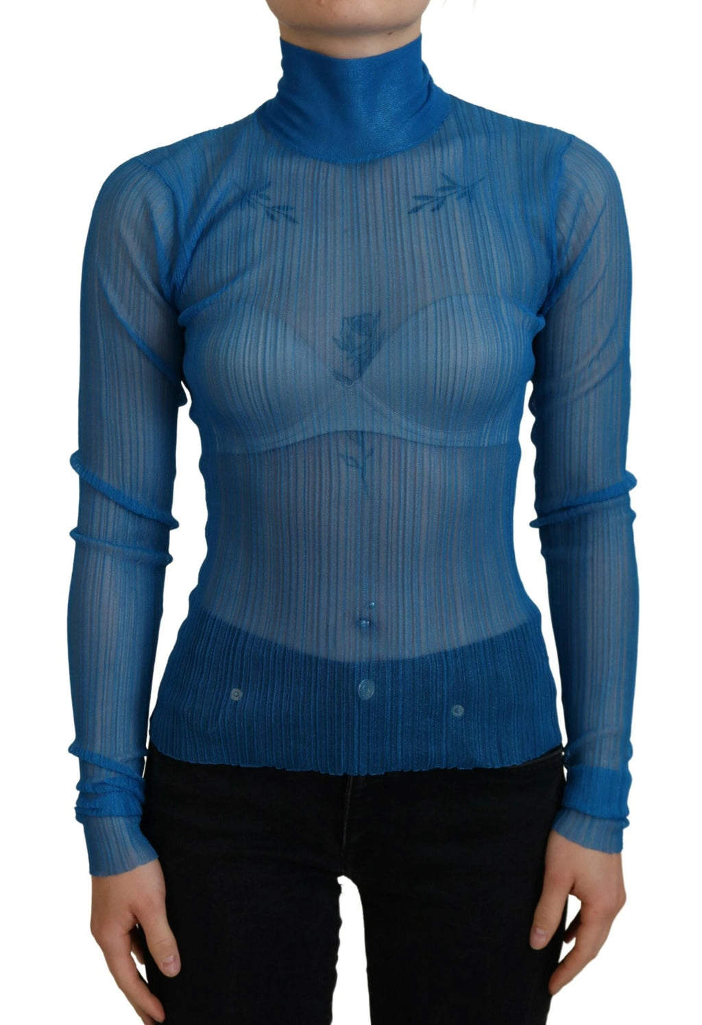 Dolce & Gabbana Blue Mesh Turtleneck Long Sleeve Blouse Top by Dolce & Gabbana