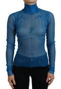 Dolce & Gabbana Blue Mesh Turtleneck Long Sleeve Blouse Top by Dolce & Gabbana