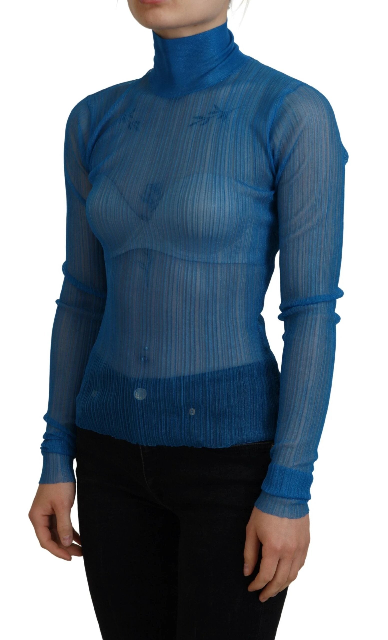 Dolce & Gabbana Blue Mesh Turtleneck Long Sleeve Blouse Top by Dolce & Gabbana