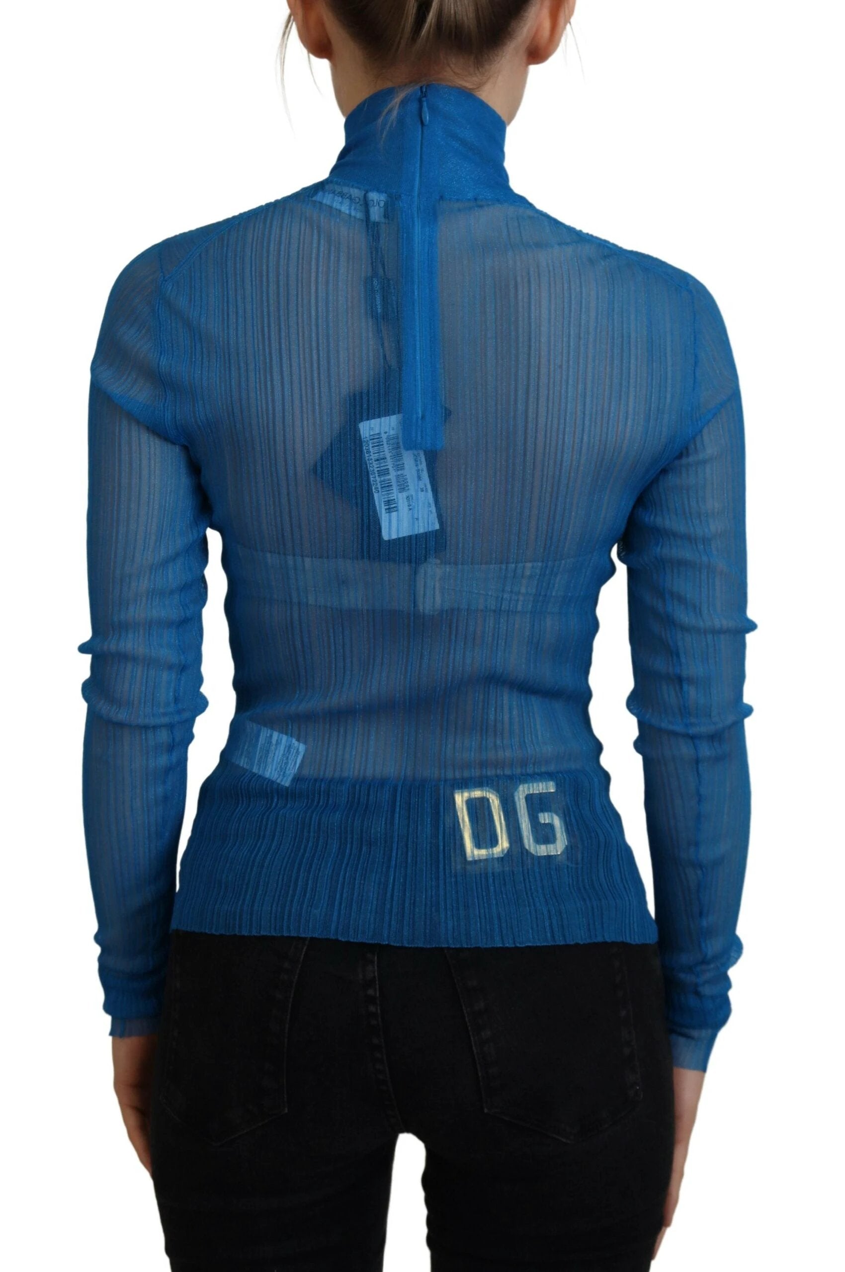 Dolce & Gabbana Blue Mesh Turtleneck Long Sleeve Blouse Top by Dolce & Gabbana