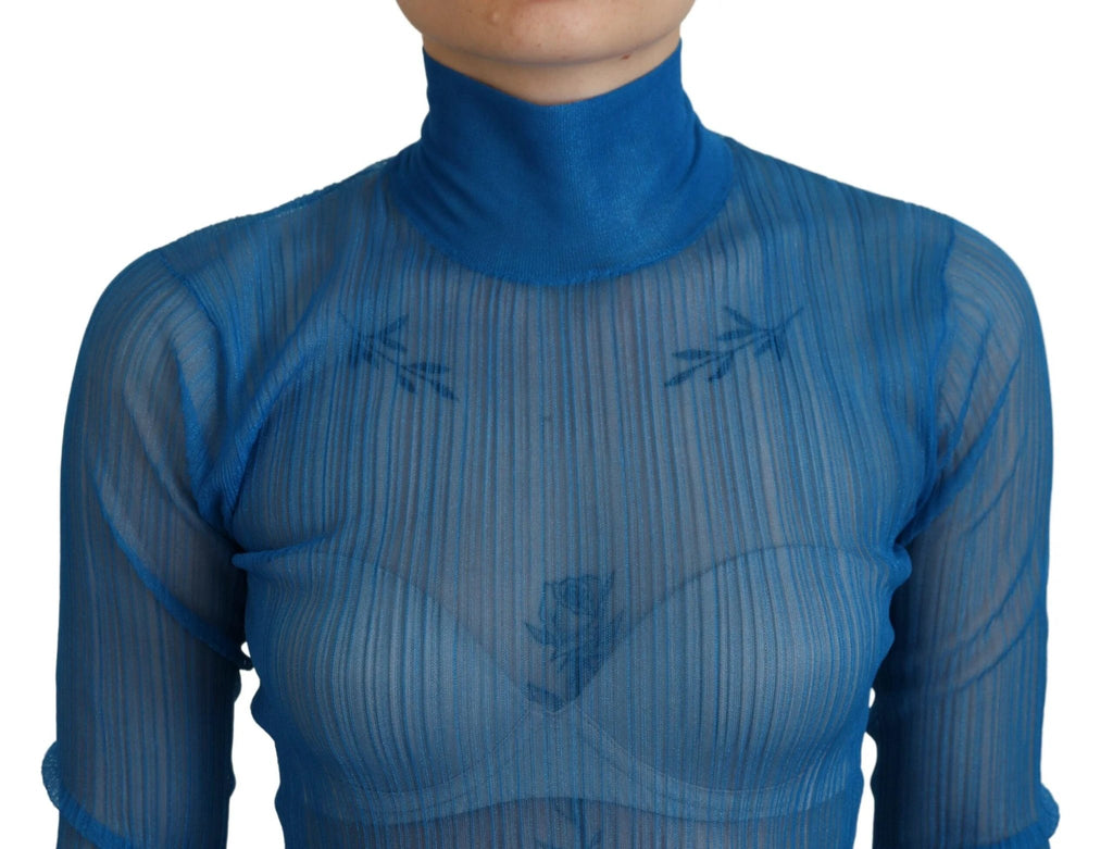 Dolce & Gabbana Blue Mesh Turtleneck Long Sleeve Blouse Top by Dolce & Gabbana