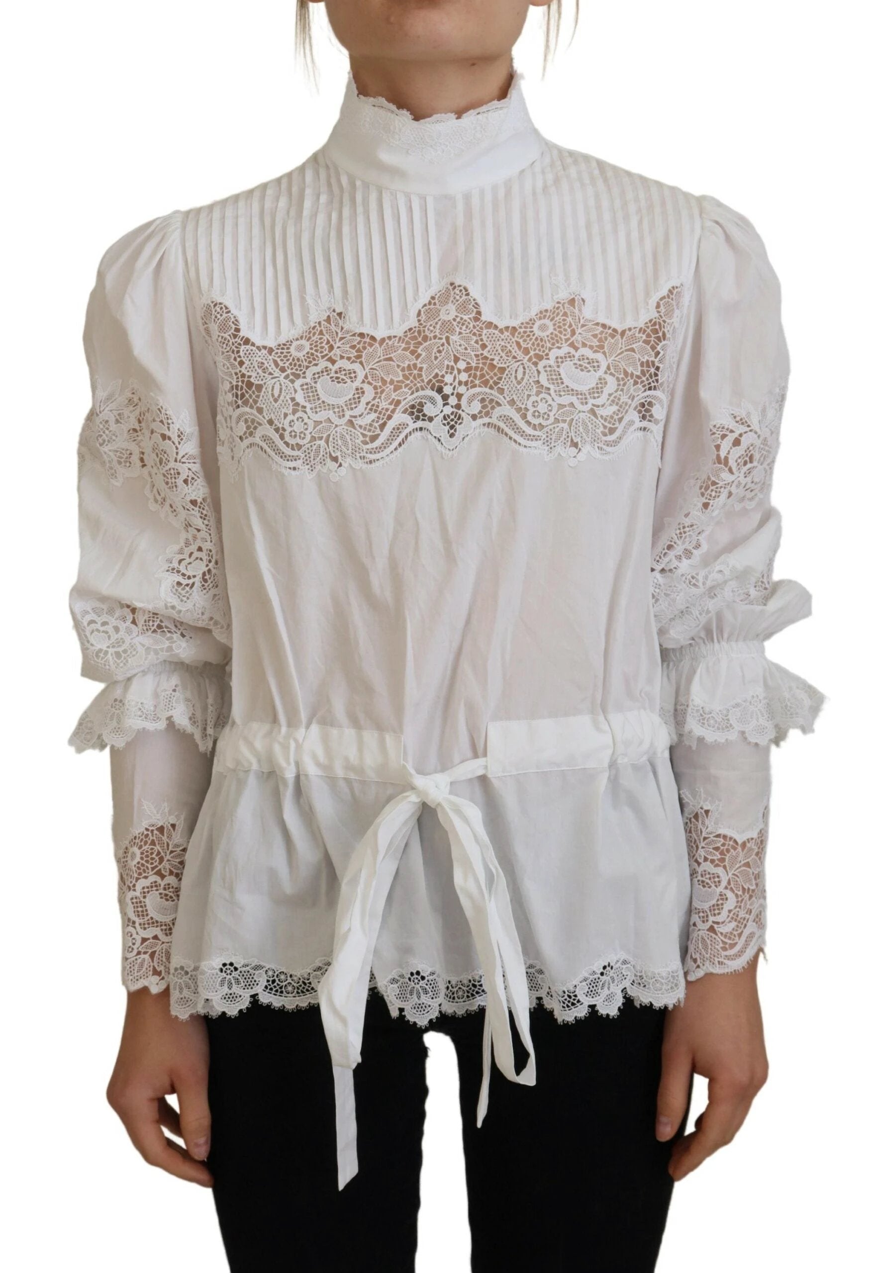 Dolce & Gabbana White Cotton Lace Trim Turtle Neck Blouse Top by Dolce & Gabbana