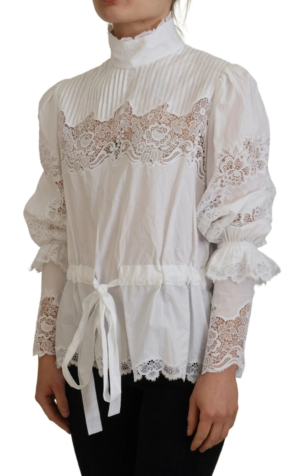 Dolce & Gabbana White Cotton Lace Trim Turtle Neck Blouse Top by Dolce & Gabbana