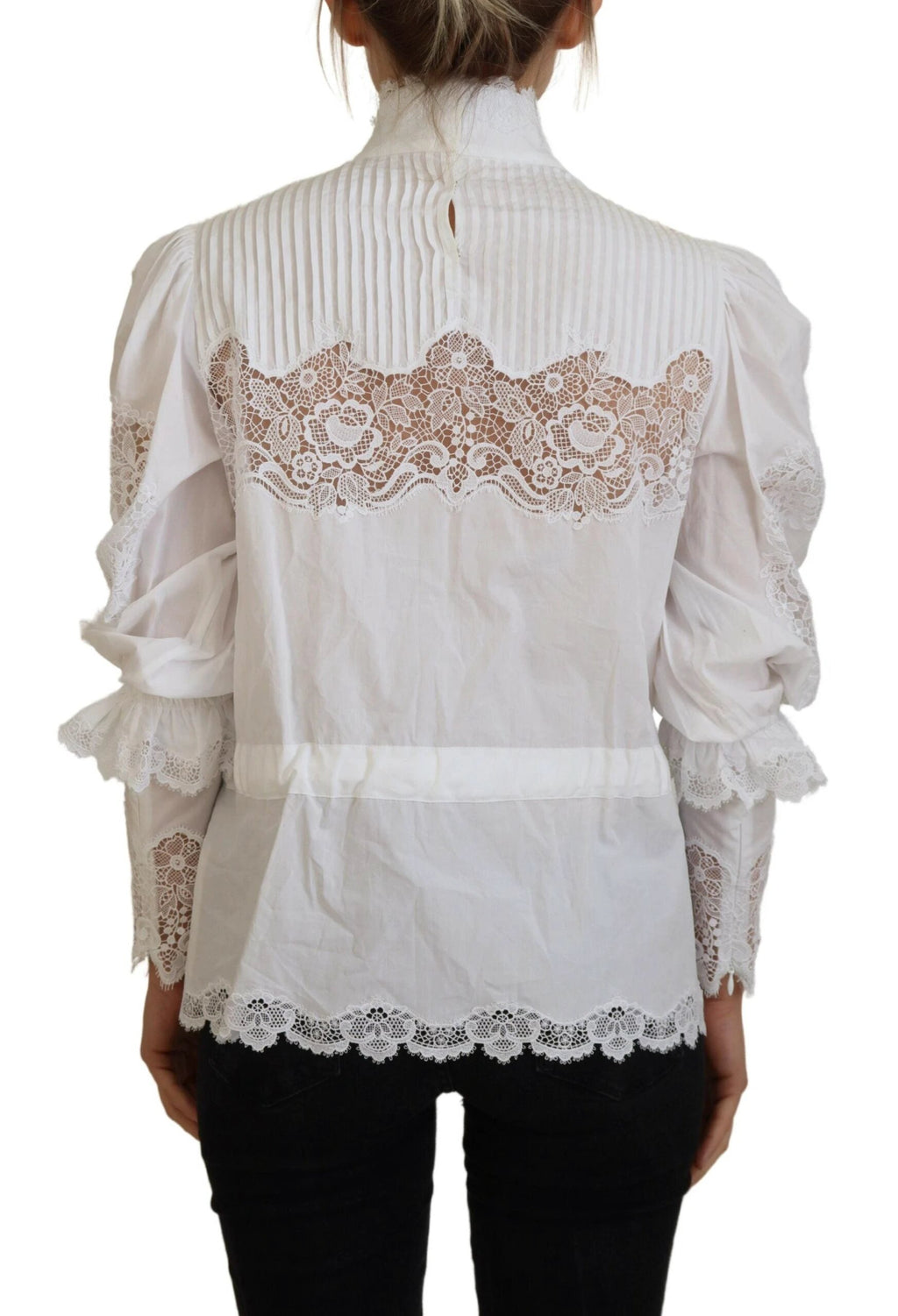 Dolce & Gabbana White Cotton Lace Trim Turtle Neck Blouse Top by Dolce & Gabbana
