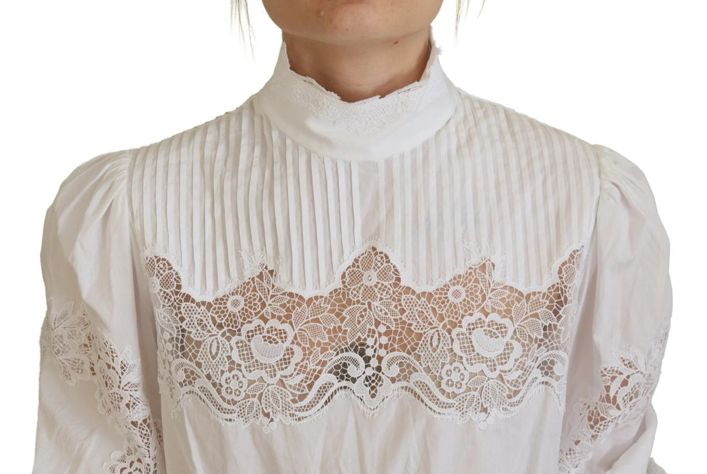 Dolce & Gabbana White Cotton Lace Trim Turtle Neck Blouse Top by Dolce & Gabbana