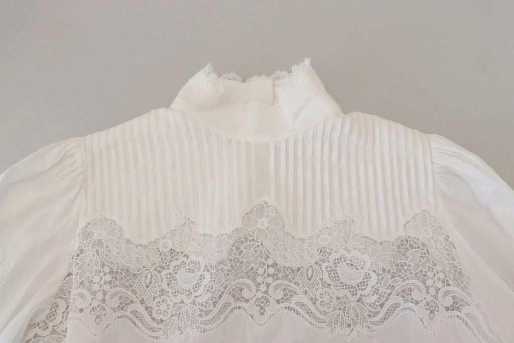 Dolce & Gabbana White Cotton Lace Trim Turtle Neck Blouse Top by Dolce & Gabbana