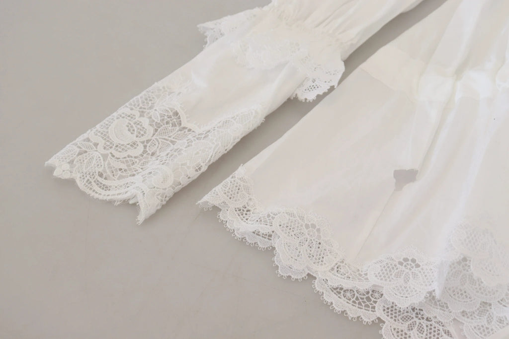 Dolce & Gabbana White Cotton Lace Trim Turtle Neck Blouse Top by Dolce & Gabbana