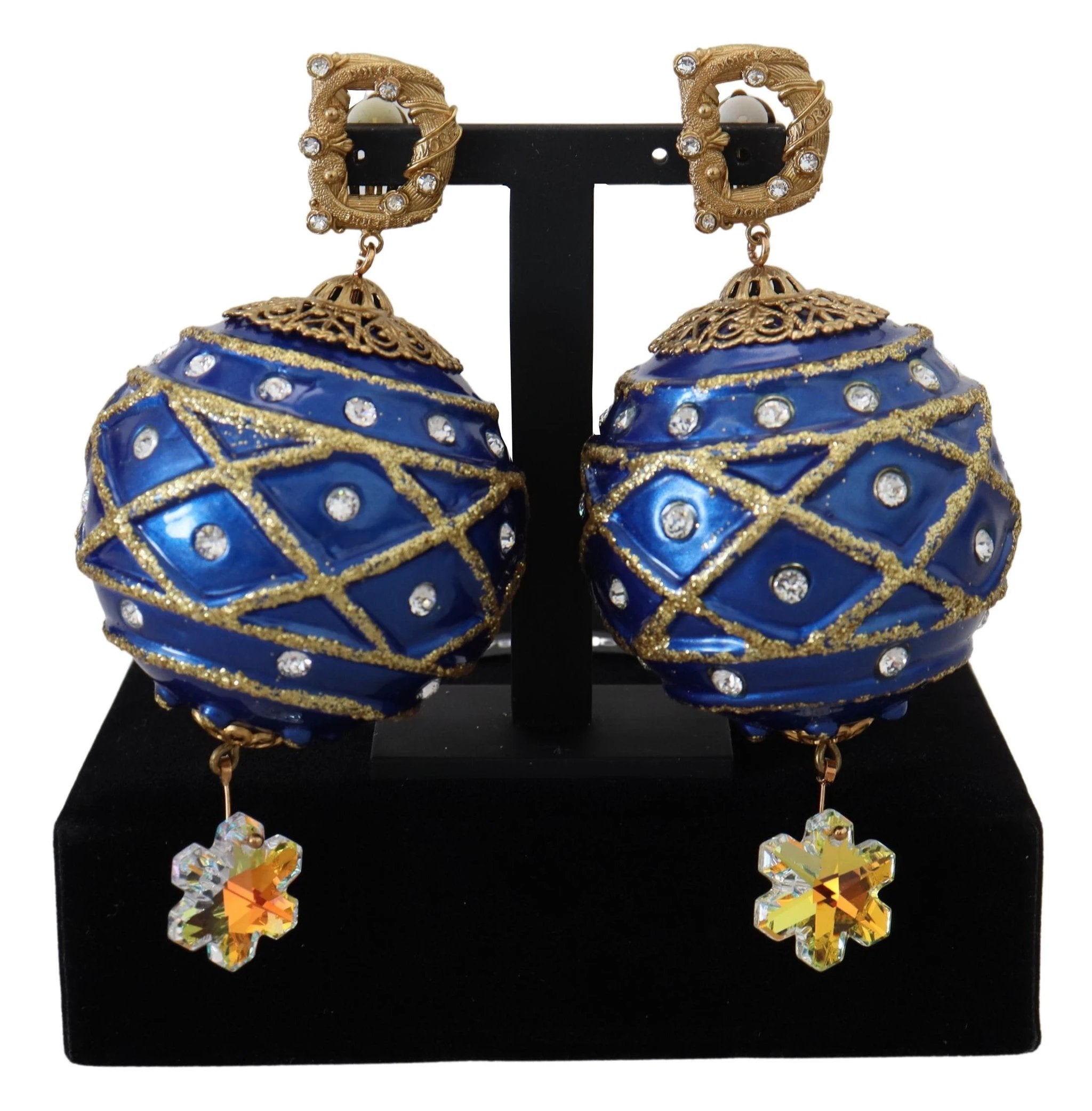 Dolce & Gabbana Gold Brass Blue Dangle Ball Crystal Clip On Earrings by Dolce & Gabbana