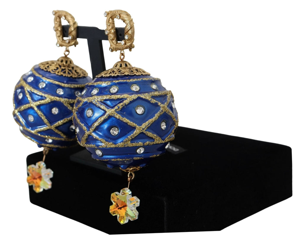 Dolce & Gabbana Gold Brass Blue Dangle Ball Crystal Clip On Earrings by Dolce & Gabbana