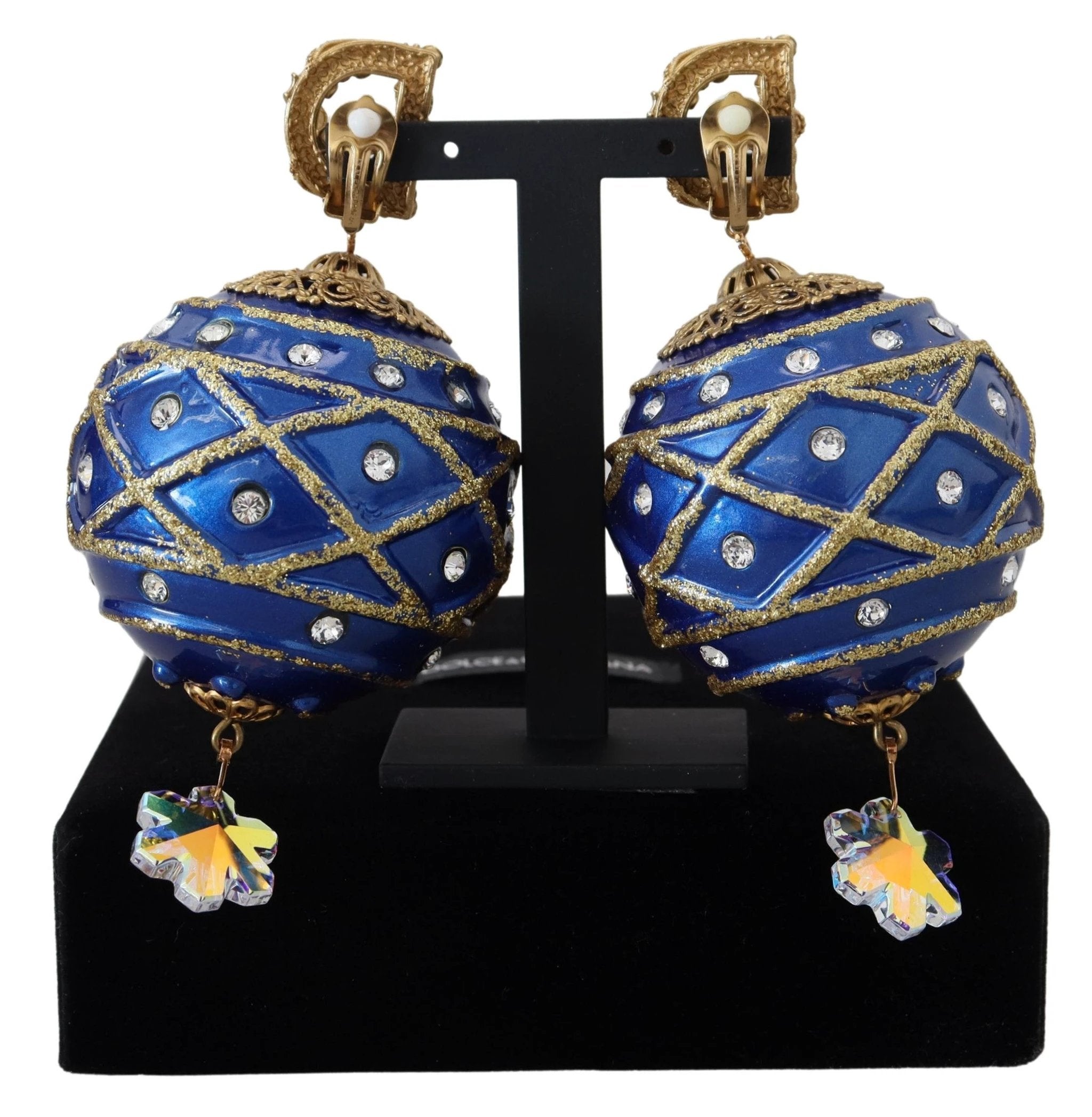 Dolce & Gabbana Gold Brass Blue Dangle Ball Crystal Clip On Earrings by Dolce & Gabbana