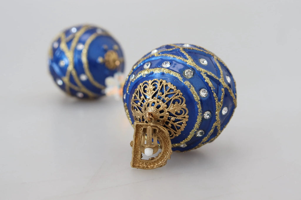 Dolce & Gabbana Gold Brass Blue Dangle Ball Crystal Clip On Earrings by Dolce & Gabbana