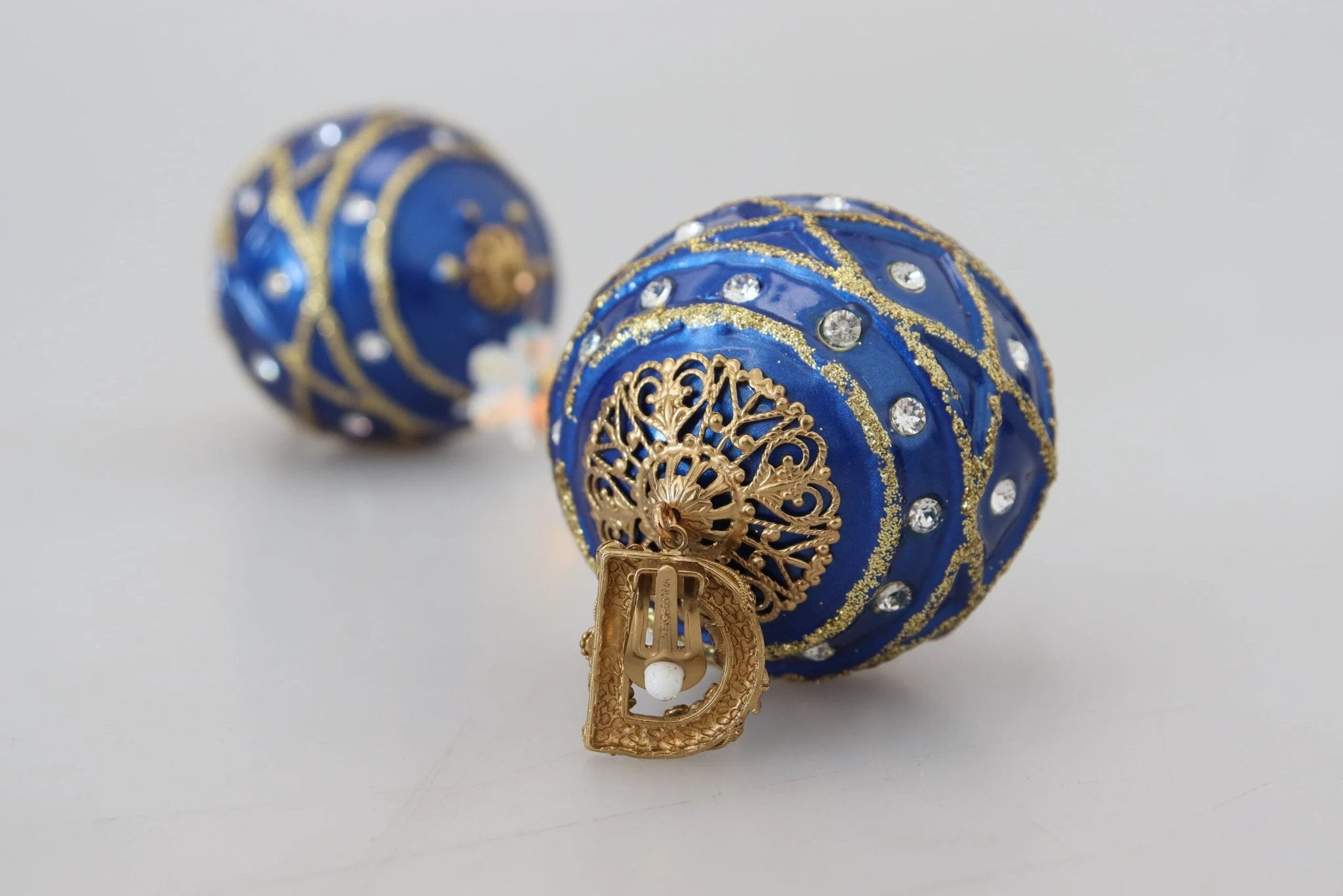 Dolce & Gabbana Gold Brass Blue Dangle Ball Crystal Clip On Earrings by Dolce & Gabbana
