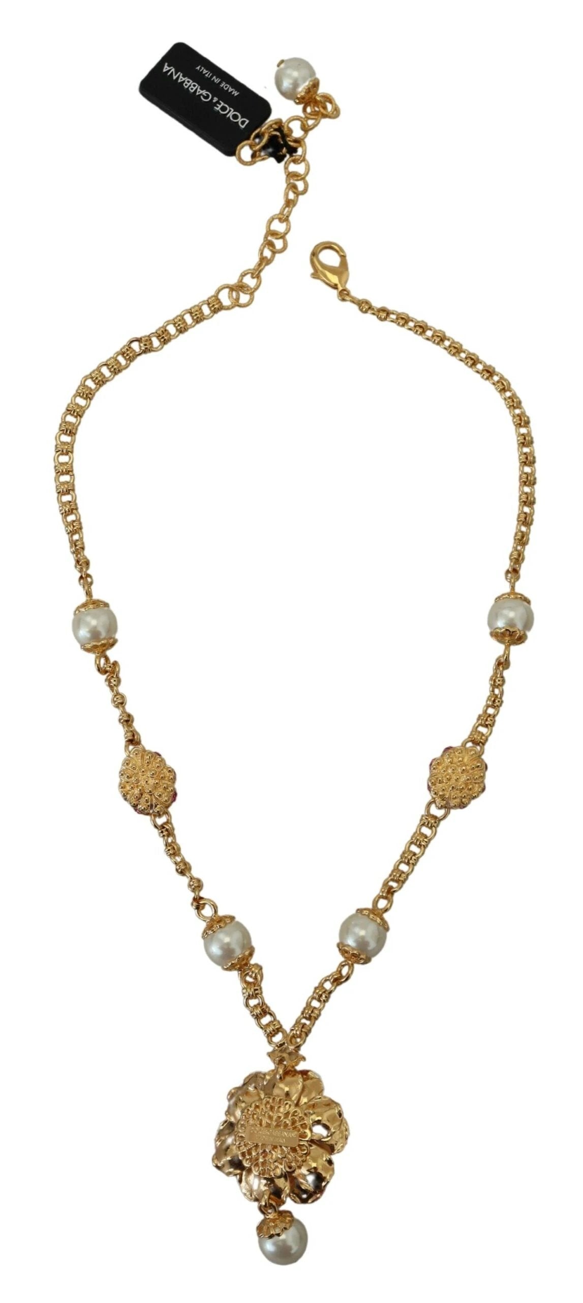 Dolce & Gabbana Gold Tone Floral Crystals Pink Embellished Necklace by Dolce & Gabbana
