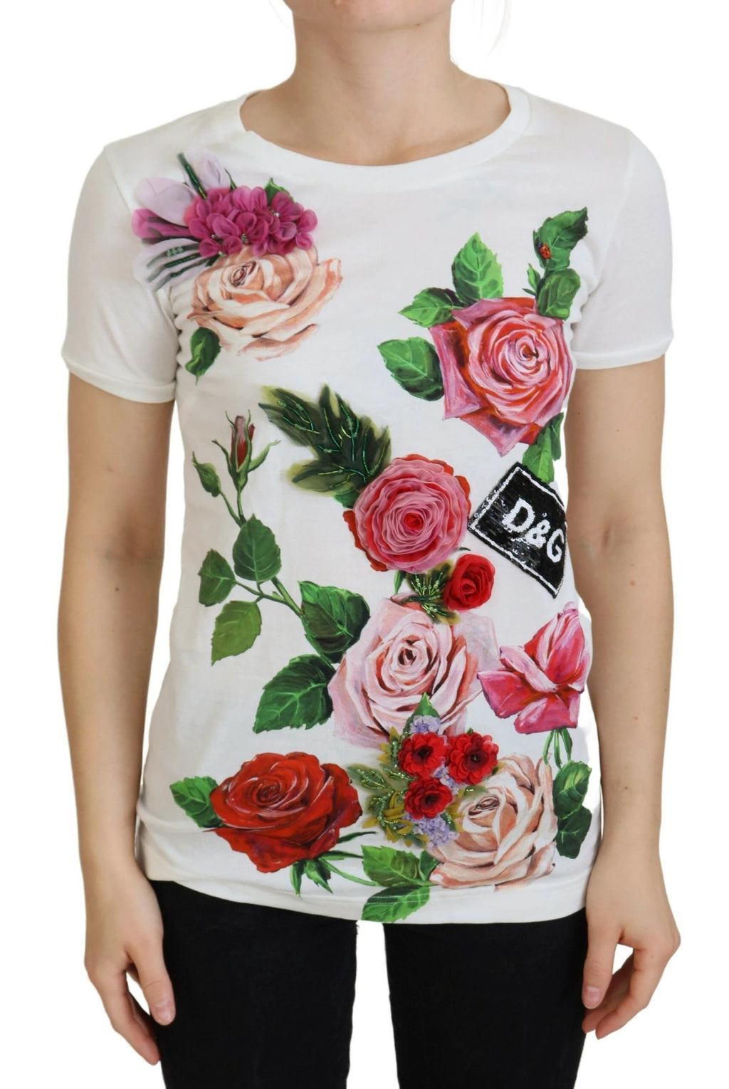 Dolce & Gabbana White Rose DGLogo Printed Short Sleeves Top by Dolce & Gabbana
