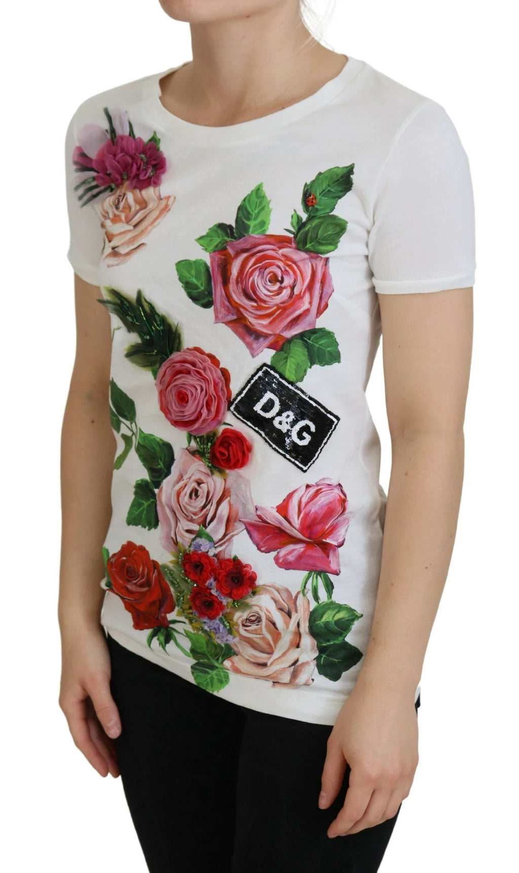 Dolce & Gabbana White Rose DGLogo Printed Short Sleeves Top by Dolce & Gabbana