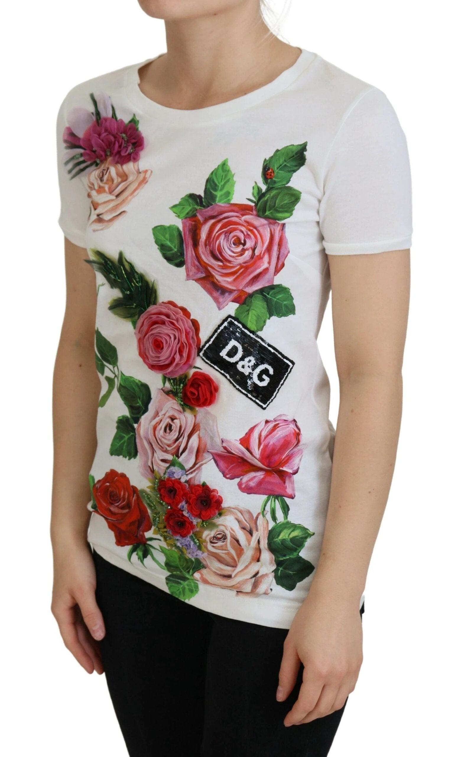 Dolce & Gabbana White Rose DGLogo Printed Short Sleeves Top by Dolce & Gabbana