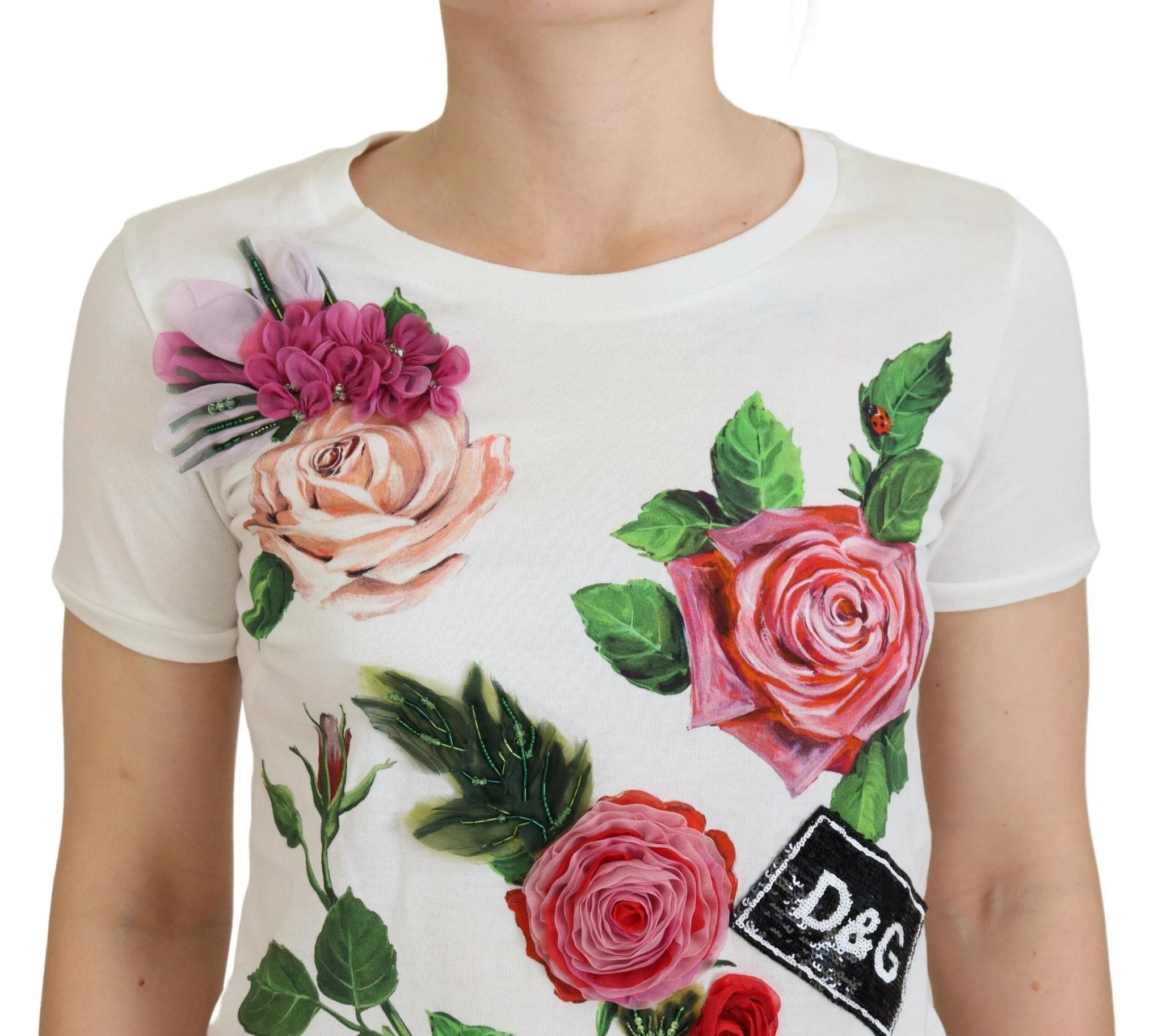 Dolce & Gabbana White Rose DGLogo Printed Short Sleeves Top by Dolce & Gabbana