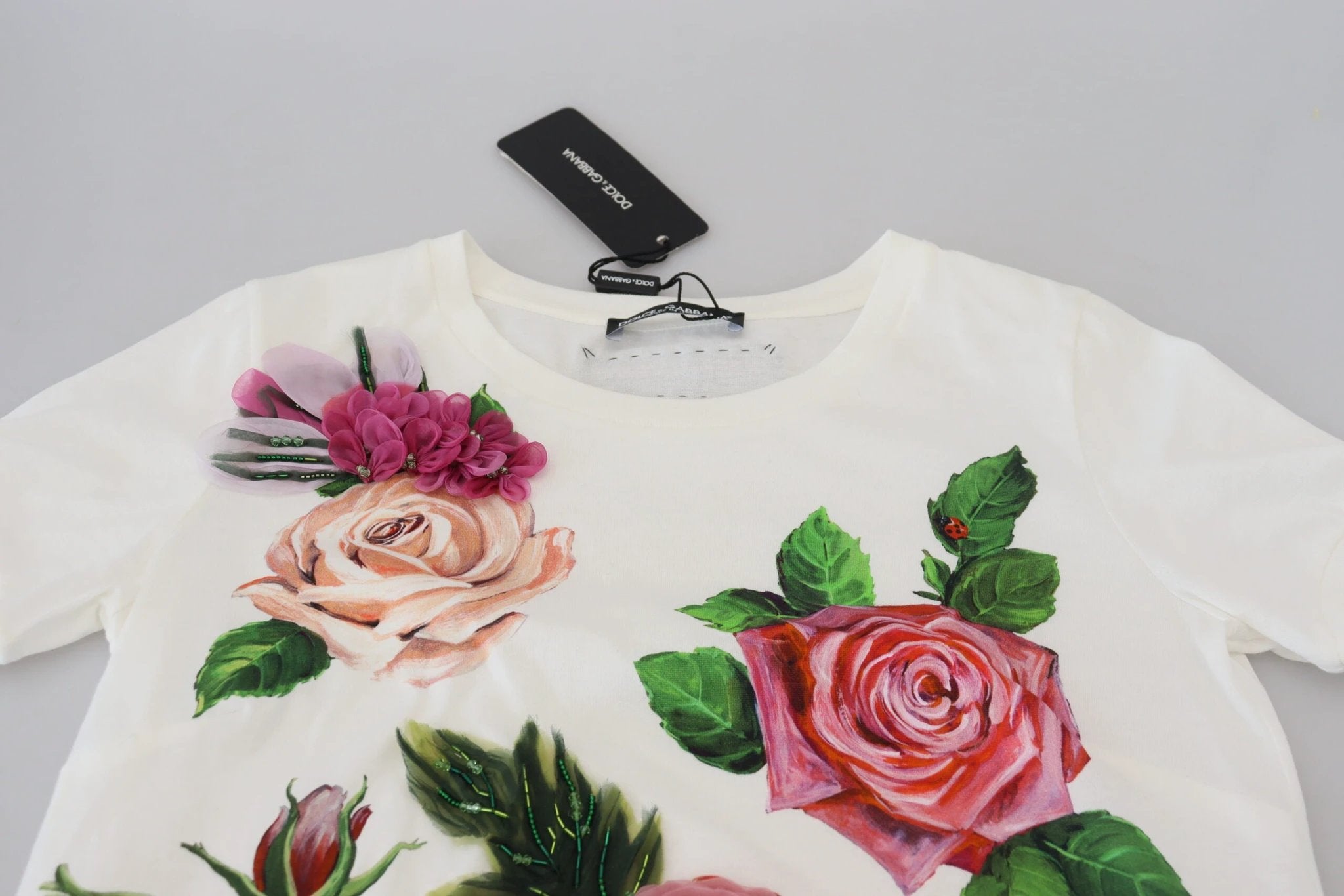 Dolce & Gabbana White Rose DGLogo Printed Short Sleeves Top by Dolce & Gabbana