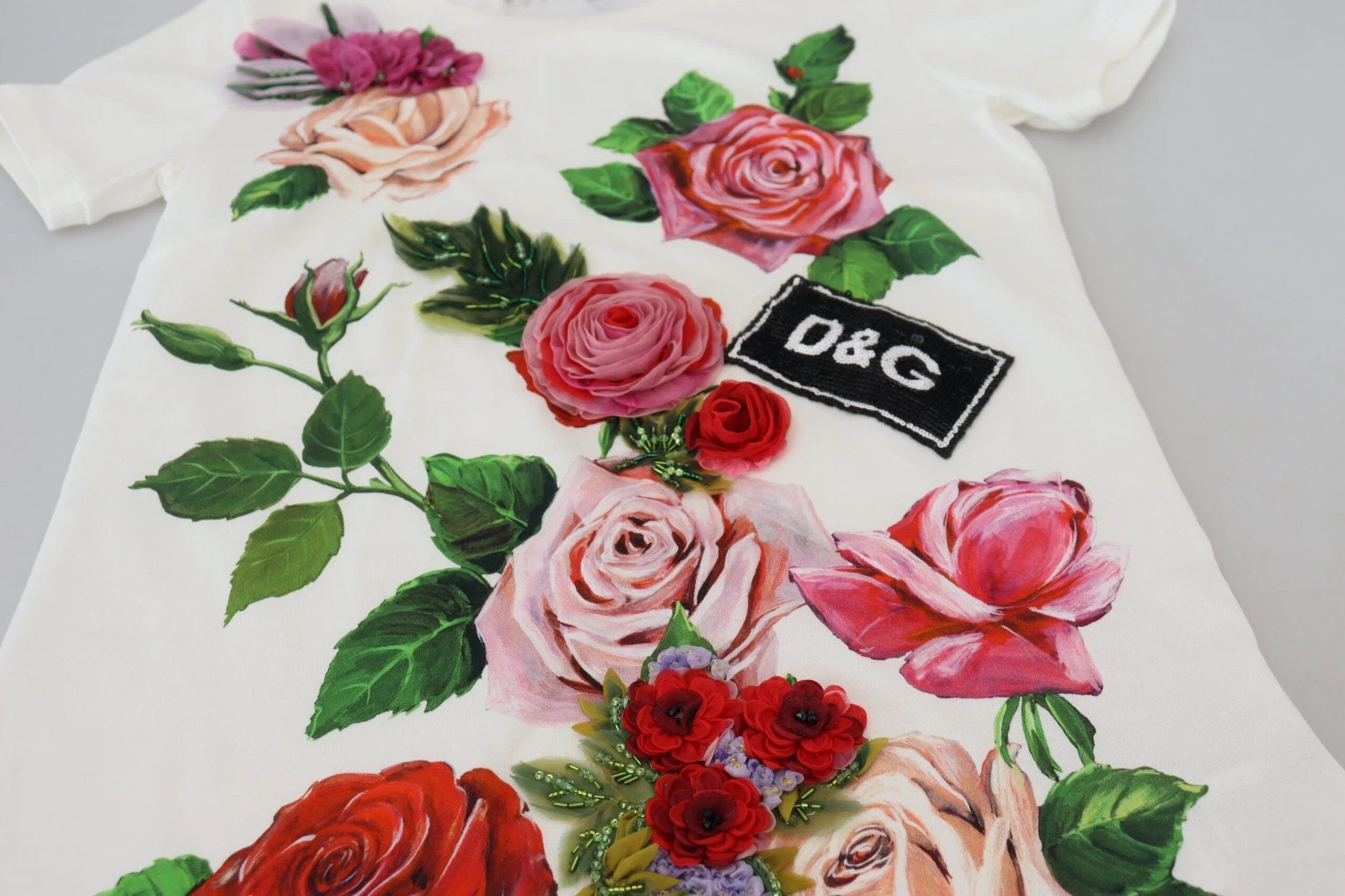 Dolce & Gabbana White Rose DGLogo Printed Short Sleeves Top by Dolce & Gabbana