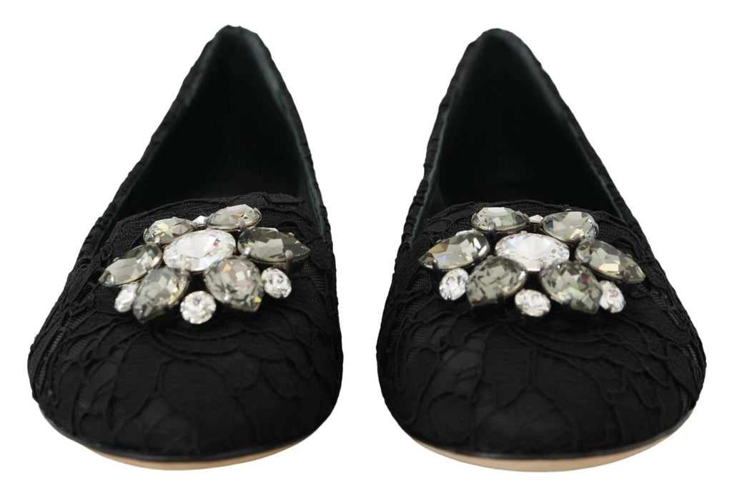 Dolce & Gabbana Black Taormina Lace Crystals Flats Shoes by Dolce & Gabbana
