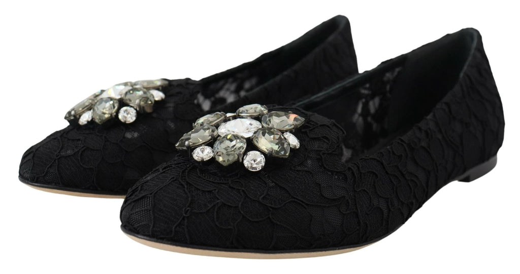 Dolce & Gabbana Black Taormina Lace Crystals Flats Shoes by Dolce & Gabbana