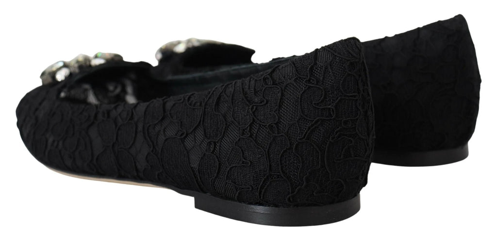 Dolce & Gabbana Black Taormina Lace Crystals Flats Shoes by Dolce & Gabbana