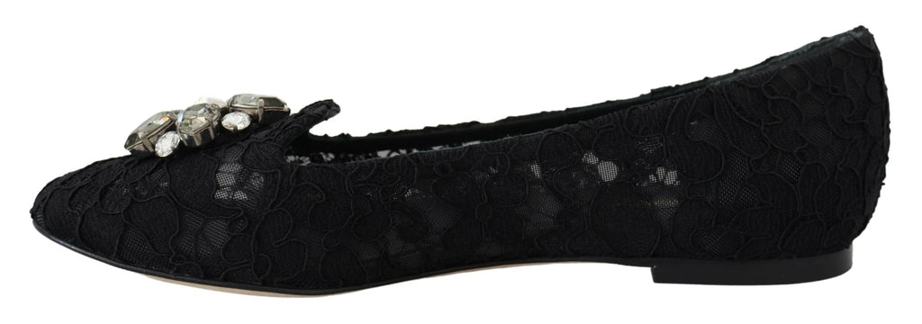 Dolce & Gabbana Black Taormina Lace Crystals Flats Shoes by Dolce & Gabbana