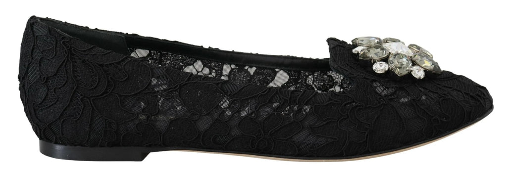 Dolce & Gabbana Black Taormina Lace Crystals Flats Shoes by Dolce & Gabbana