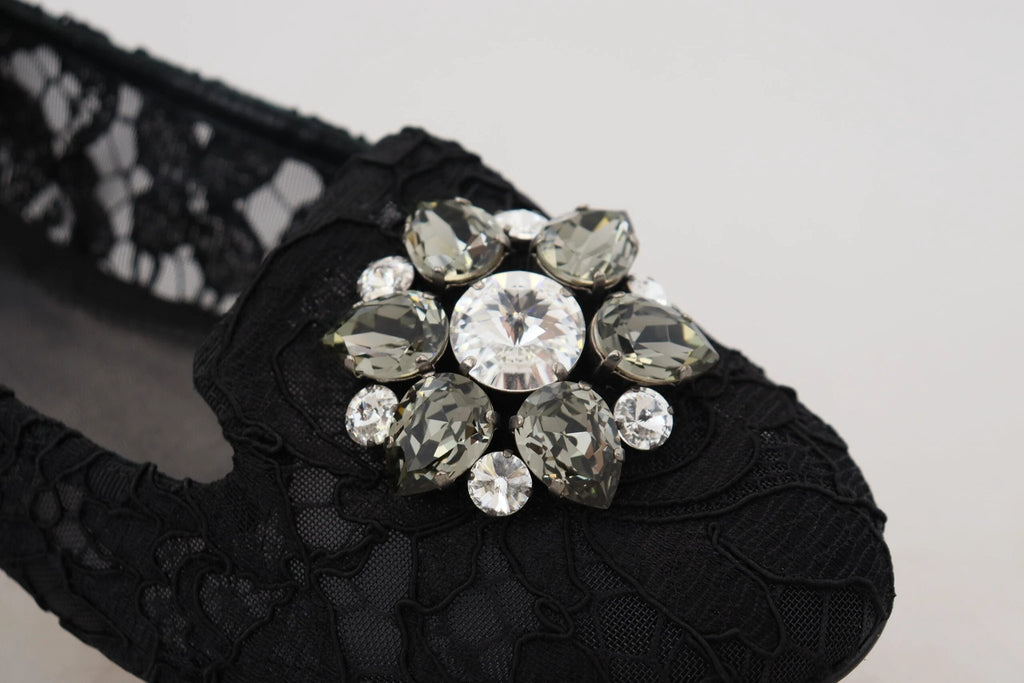 Dolce & Gabbana Black Taormina Lace Crystals Flats Shoes by Dolce & Gabbana