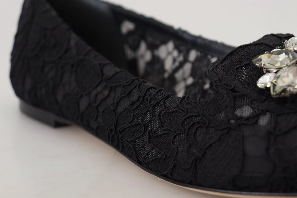Dolce & Gabbana Black Taormina Lace Crystals Flats Shoes by Dolce & Gabbana
