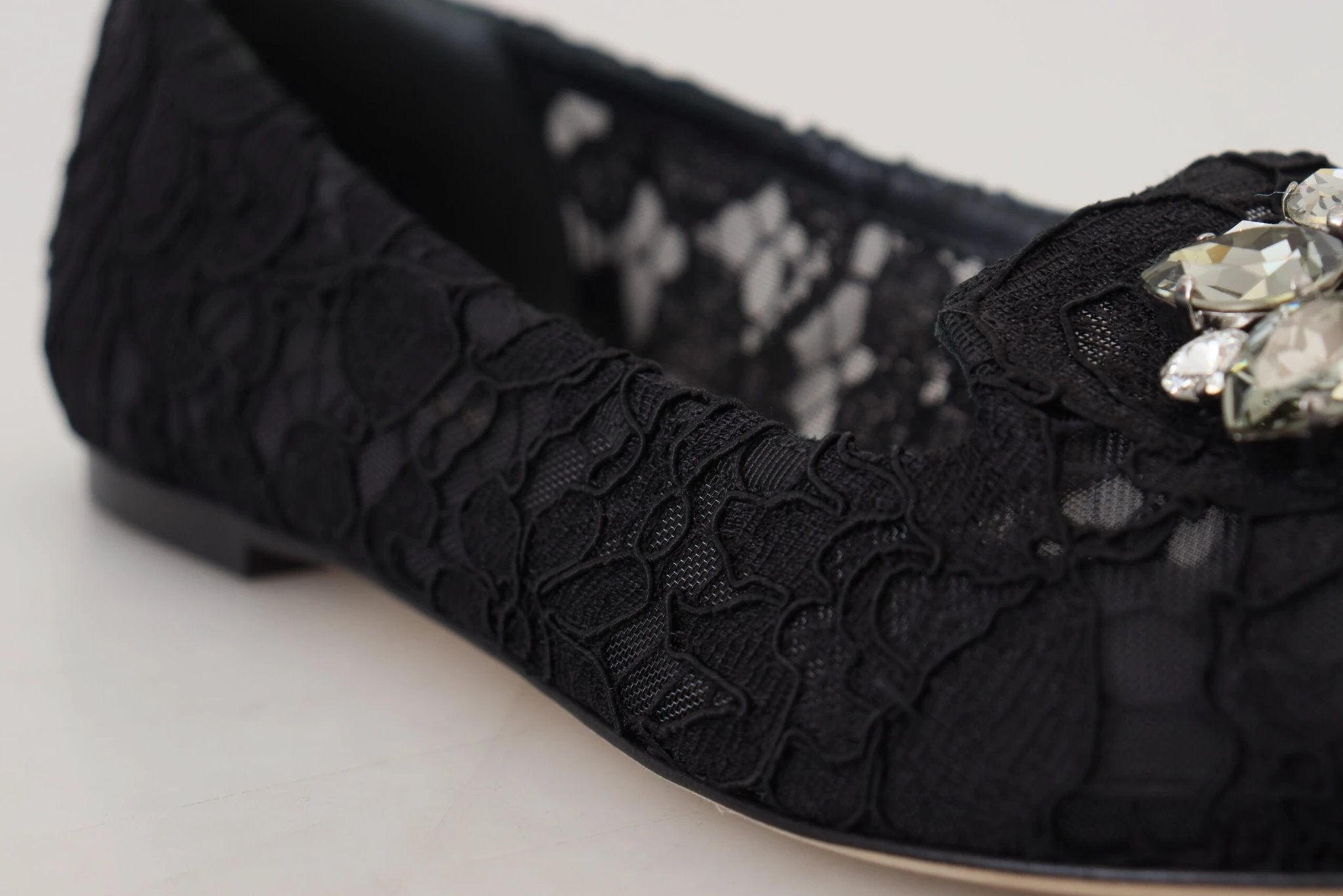 Dolce & Gabbana Black Taormina Lace Crystals Flats Shoes by Dolce & Gabbana