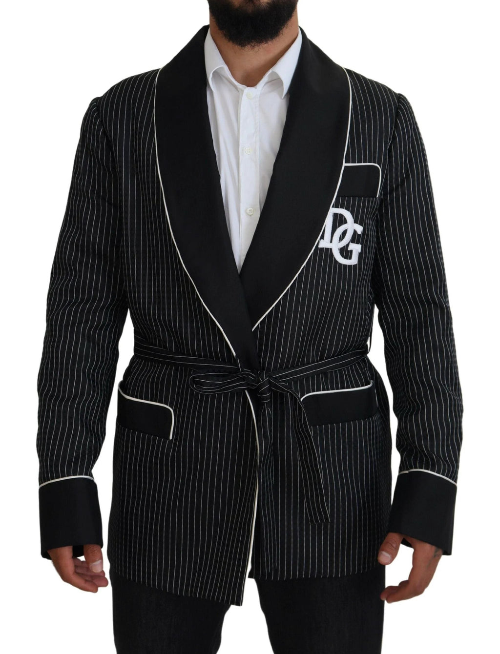 Dolce & Gabbana Black Robe Striped DG Patch Jacket Men Blazer by Dolce & Gabbana