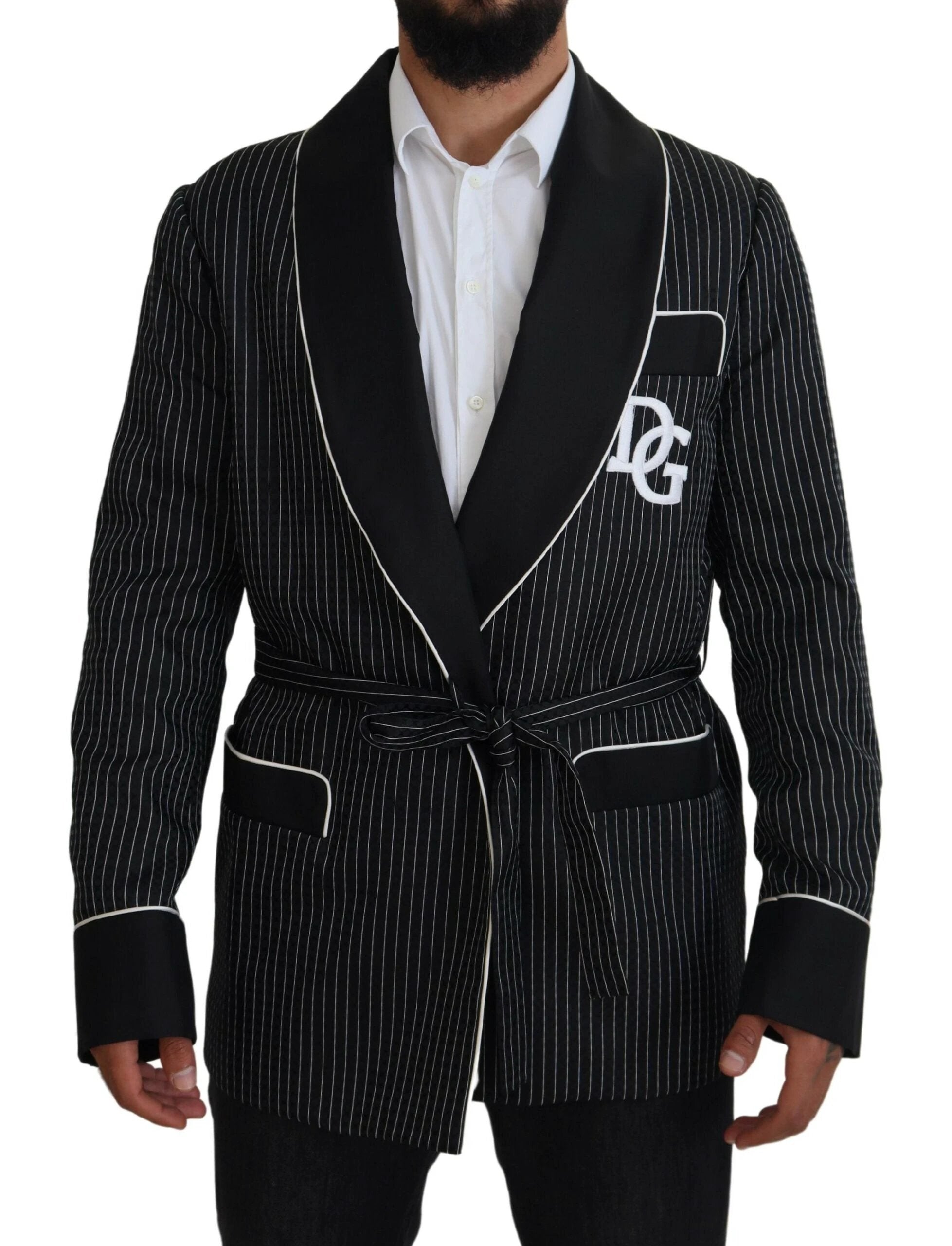 Dolce & Gabbana Black Robe Striped DG Patch Jacket Men Blazer by Dolce & Gabbana